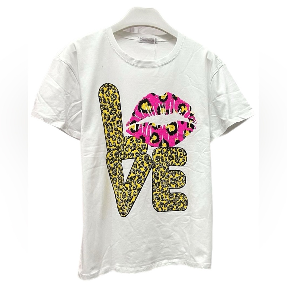 Women's White Rhinestone Tee with Leopard Love & Pink Lip Design